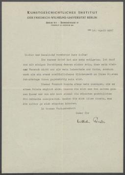 Brief von Wilhelm Pinder [Kunstgeschichtliches Institut, Berlin] an Georg Kolbe