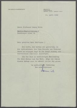 Brief von Erich Raemisch an Georg Kolbe