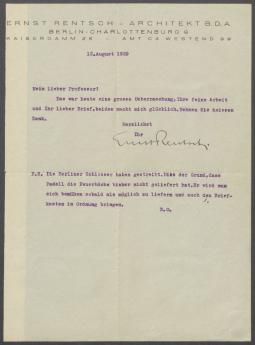 Brief von Ernst Rentsch an Georg Kolbe