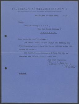 Brief von Antiquariat Paul Graupe an Georg Kolbe