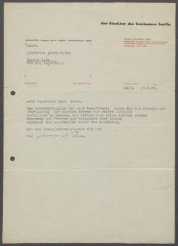 Brief von Ludwig Mies van der Rohe [Bauhaus, Berlin] an Georg Kolbe