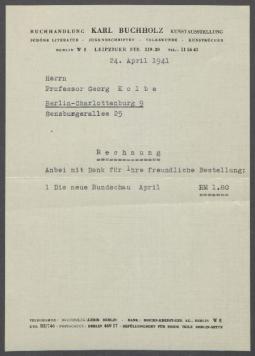 Brief von der Buchhandlung Karl Buchholz, Berlin an Georg Kolbe
