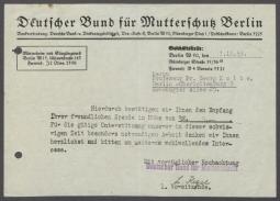 Brief vom Deutschen Bund für Mutterschutz an Georg Kolbe