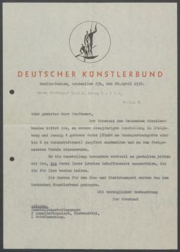 Briefwechsel zwischen Deutscher Künstlerbund [Berlin] und Georg Kolbe