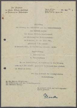 Brief von Max Planck [Kaiser-Wilhelm-Gesellschaft zur Förderung der Wissenschaften, Harnack-Haus, Berlin] an Georg Kolbe