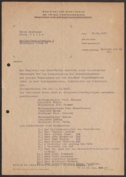 Briefwechsel zwischen Semrau [Berlin / Magistrat, Abteilung für Bau- u. Wohnungswesen] und Georg Kolbe