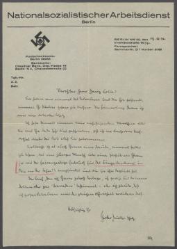 Brief vom Nationalsozialistischer Arbeitsdienst, Berlin an Georg Kolbe