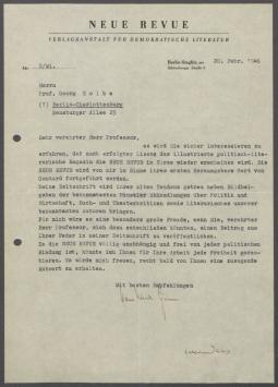 Briefwechsel zwischen Hans-Ulrich Grimm [Verlagsanstalt für demokratische Literatur] und Georg Kolbe
