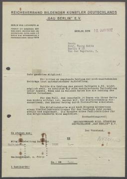 Briefe vom Reichsverband Bildender Künstler Deutschlands / Gau E.V. , Berlin an Georg Kolbe