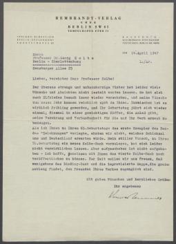 Brief von Konrad Lemmer [Rembrandt-Verlag] an Georg Kolbe