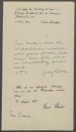 Brief von Georg Kolbe, Karl Scheffler, Ernst Cassirer und Toni Cassirer an Leo Lewin