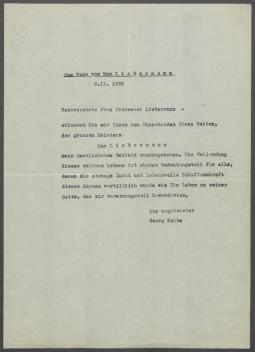 Brief von Georg Kolbe an Martha Liebermann