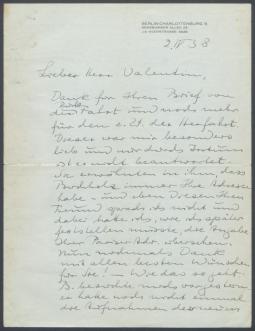 Brief von Georg Kolbe an Curt Valentin
