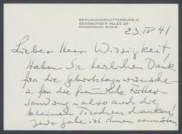 Brief von Georg Kolbe an Conrad Wissigkeit