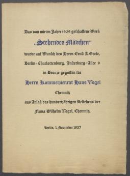 Schenkungsurkunde von Georg Kolbe und Ernst A. Geese an Hans Hermann Vogel [Firma Wilhelm Vogel, Chemnitz]